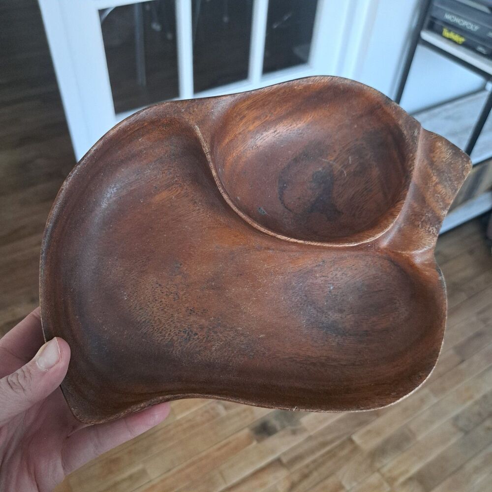 Vintage Monkey Pod Divided Brown Bowl Oval Dish Teak Wood Dish Serving Tray